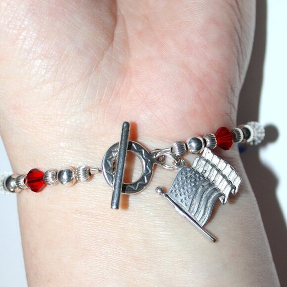 Sterling Silver Handmade USA Fourth of July Beaded Bracelet - Picture 6 of 6